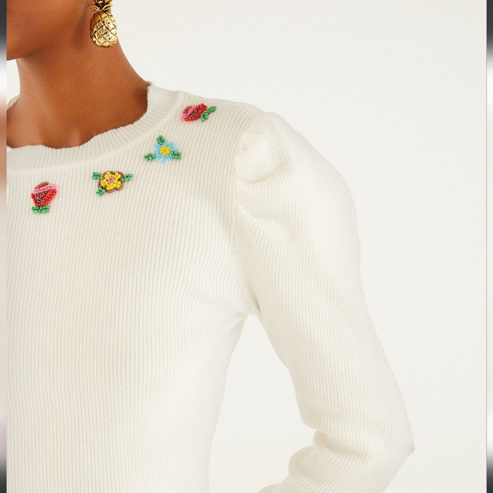 Farm Rio Off-white flower embroidery Knit Sweater small - Picture 2 of 7